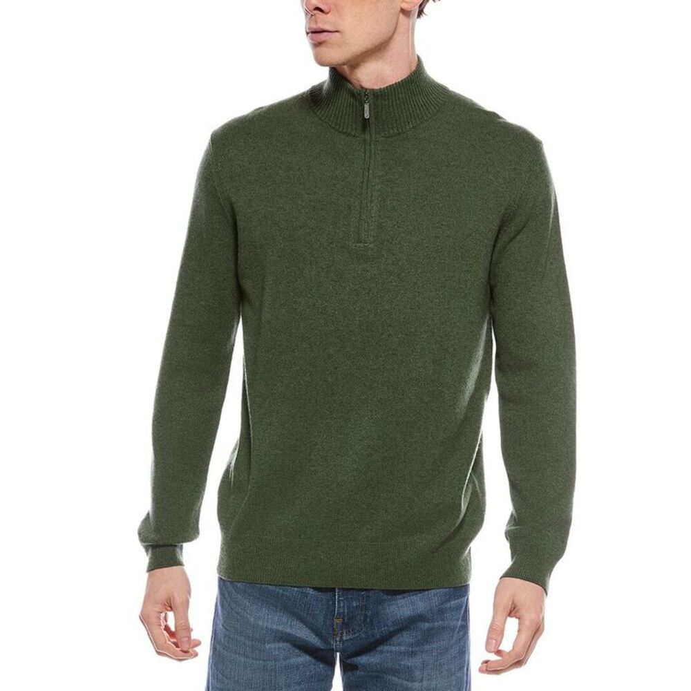 Forte Mens  Cashmere Mock Neck Cashmere 1/4-Zip Sweater, Green